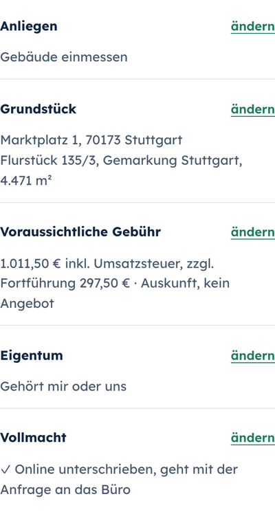 Formularschritt »Prüfen und absenden«: Gebäude einmessen, Flurstück 135/3, voraussichtliche Gebühr