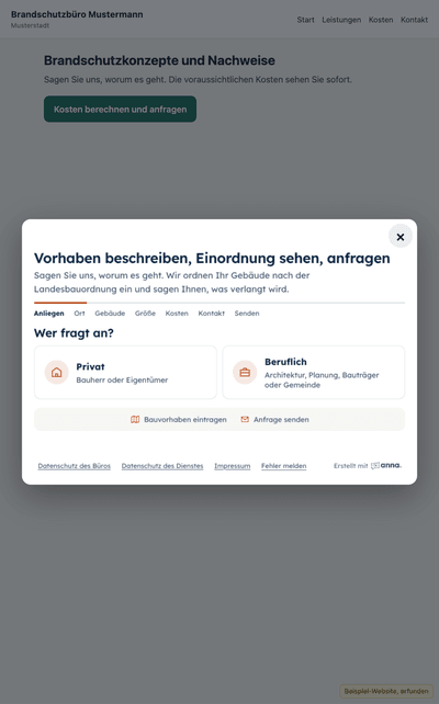 Das Formular als Popup über einer Beispiel-Website