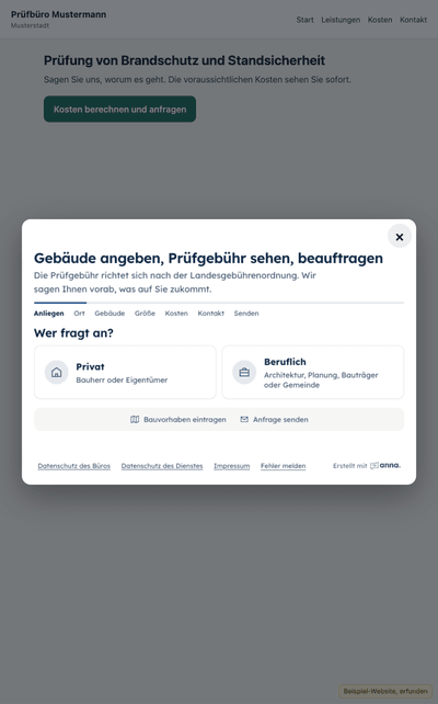 Das Formular als Popup über einer Beispiel-Website