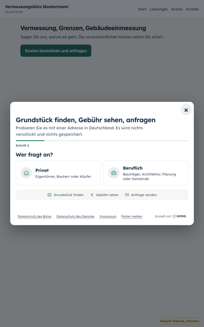Das Formular als Popup über einer Beispiel-Website