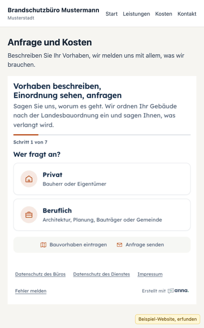 Das Formular eingebettet in eine Beispiel-Website