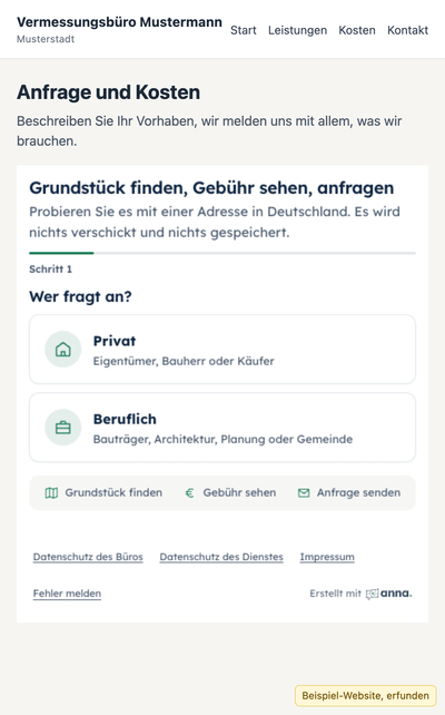 Das Formular eingebettet in eine Beispiel-Website