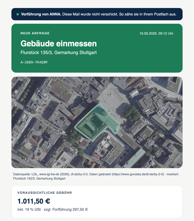 Die Mail an das Büro: Anliegen, Flurstück auf dem Luftbild mit Quellenvermerk und die voraussichtliche Gebühr