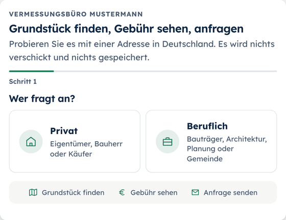 Das Anfrageformular von ANNA im ersten Schritt: Auswahl des Anliegens, zum Beispiel Grenze klären, Grundstück teilen oder Gebäude einmessen.