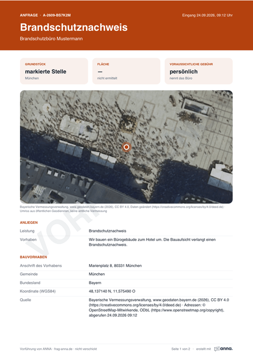 Erste Seite des PDF-Anfrageblatts mit Kopfband, Angaben zum Gebäude und zur Einordnung