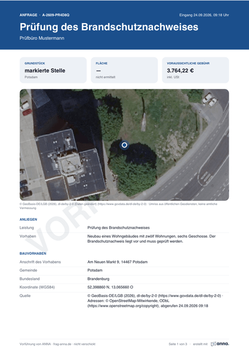Erste Seite des PDF-Anfrageblatts mit Kopfband, Angaben zum Gebäude und zur Einordnung